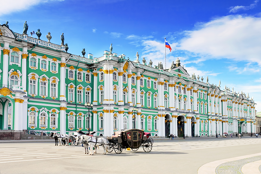 Start your journey in St.Petersburg and see the imposing Winter Palace