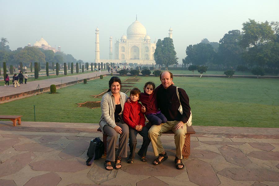 The Bodel family sat in front of the Taj Mahal, India