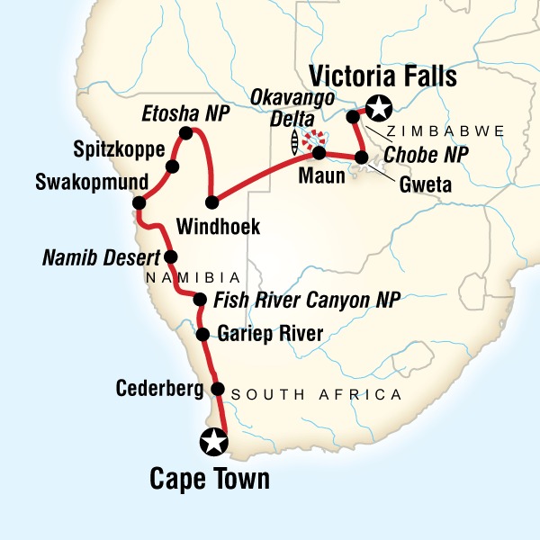 Sud de l'Afrique : dunes, deltas et chutes Victoria - carte