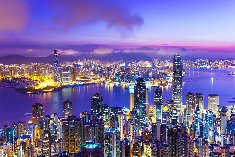 A view of the Hong Kong skline at dawn
