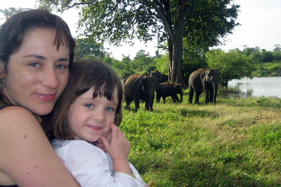 Marie and her daughter with the elephants of Sri Lanka
