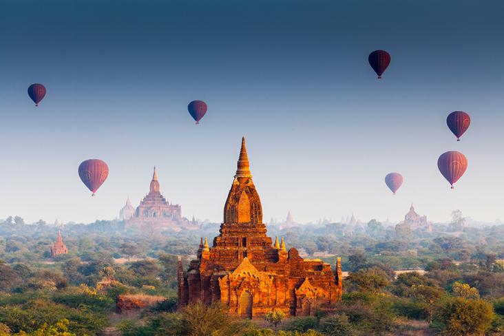 Take the option of a scenic hot air balloon flight over the temples of Bagan