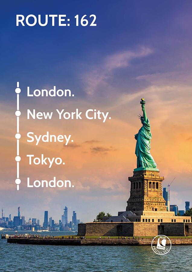 Travel Nation Flight Route 162 | London - New York - Sydney - Tokyo - London