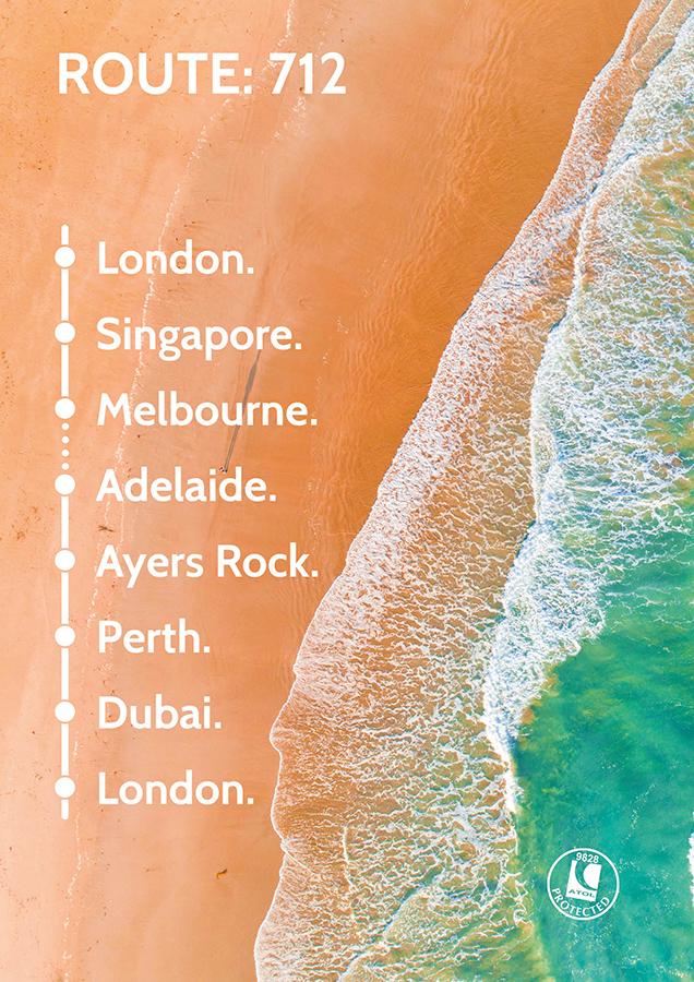 Travel Nation Flight Route 712 | London – Singapore - Melbourne - Adelaide - Ayers Rock - Perth - Dubai – London