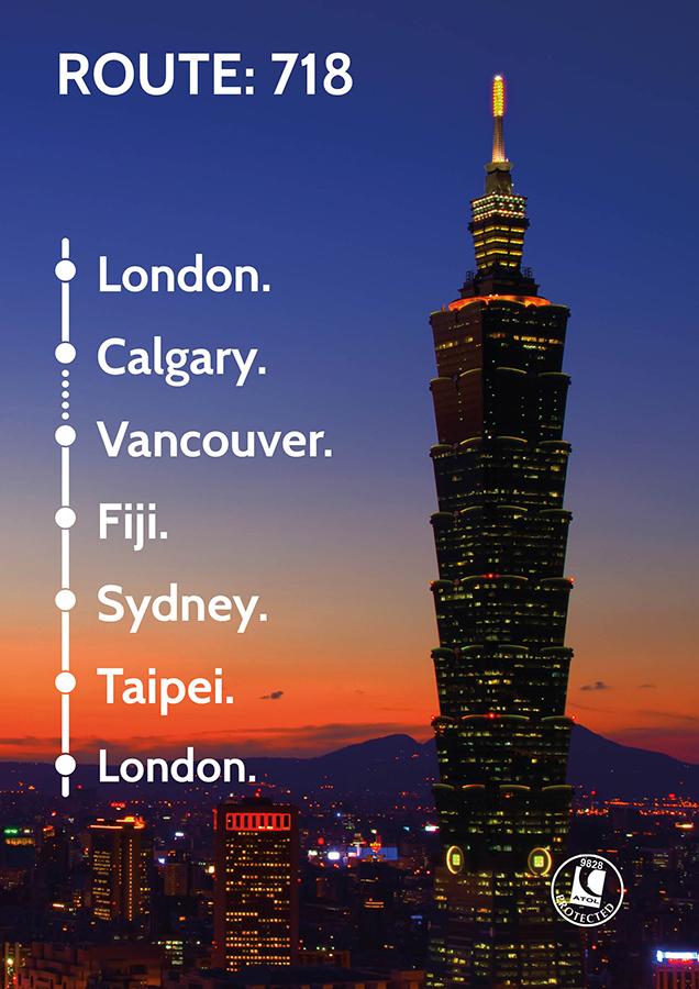 Travel Nation Flight Route 718 | London - Calgary – Vancouver - Fiji - Sydney - Taipei - London
