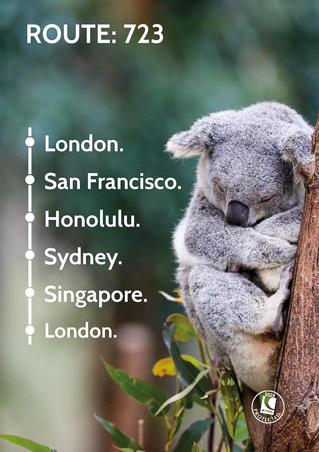 Travel Nation Flight Route 723 | London - San Francisco - Honolulu - Sydney - Singapore - London