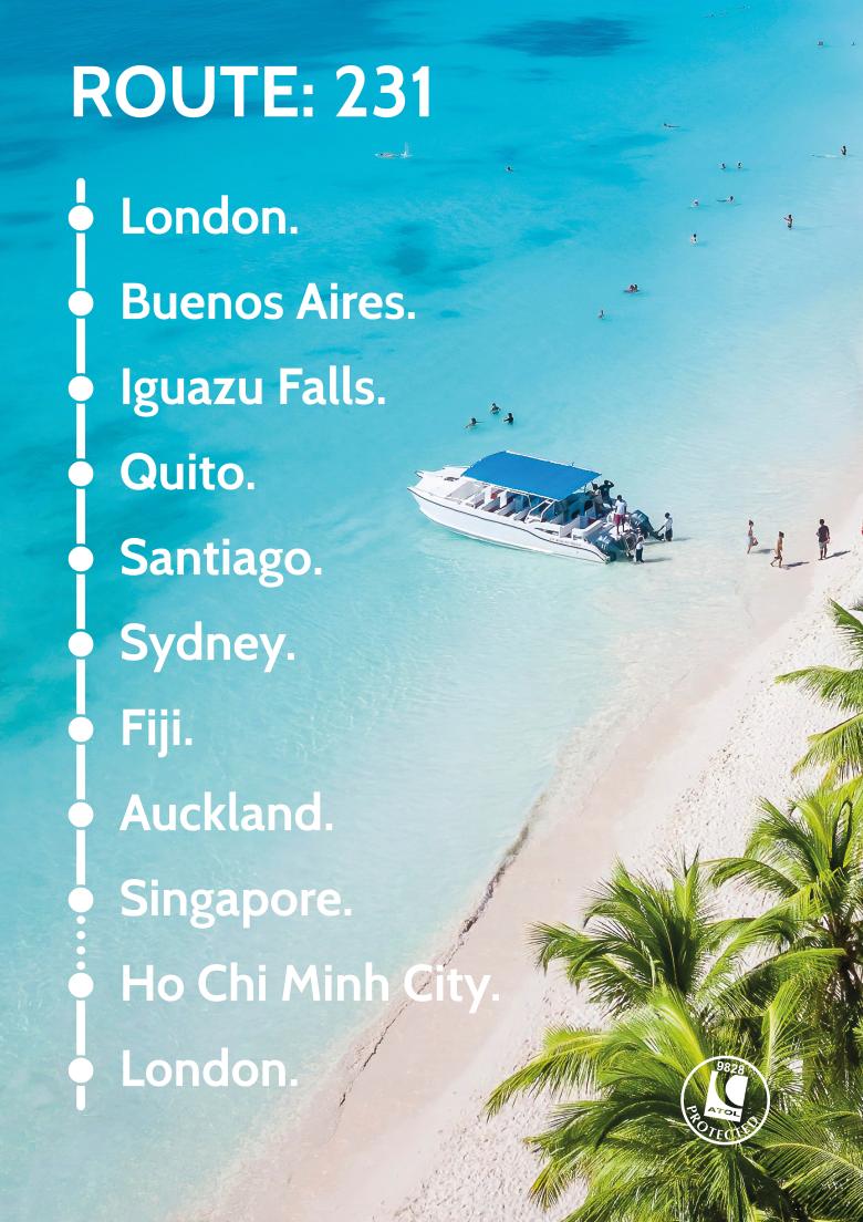 Travel Nation Flight Route 231 | London - Buenos Aires - Iguazu Falls - Quito - Santiago - Sydney - Fiji - Auckland - Singapore - Ho Chi Minh City - London