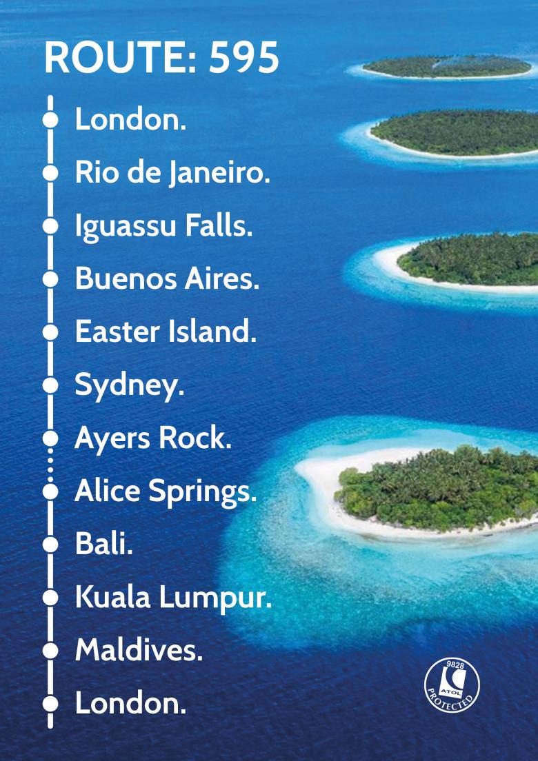 Travel Nation Flight Route 595 | London - Rio de Janeiro - Iguassu Falls - Buenos Aires - Easter Island - Sydney - Ayers Rock - Alice Springs - Bali - Kuala Lumpur - Maldives - London