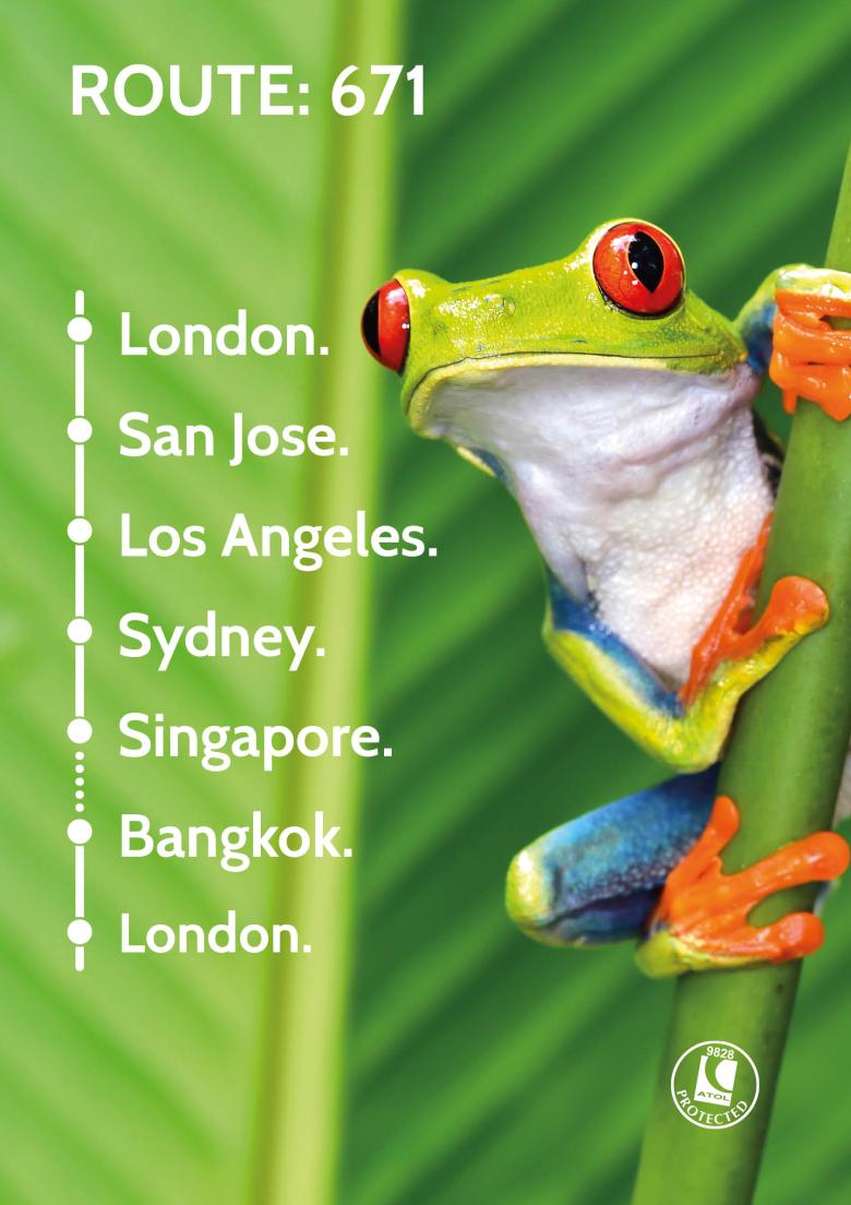 Travel Nation Flight Route 671 | London - San Jose - Los Angeles - Sydney - Singapore - Bangkok - London