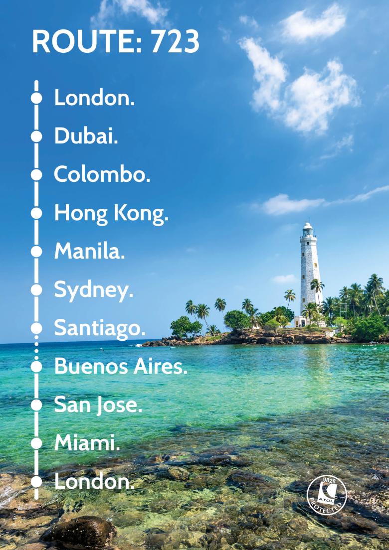 Travel Nation Flight Route 723 | London - Dubai - Colombo - Hong Kong - Manila - Sydney - Santiago - Buenos Aires - San Jose - Miami - London