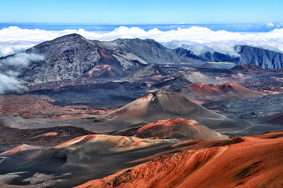 The moonlike landscape of Haleakala is made from the lava flows and ash from the crater of the volcano 